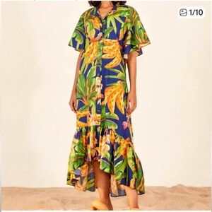 FARM Rio Blue and Orange Tropical High Low Midi Dress
